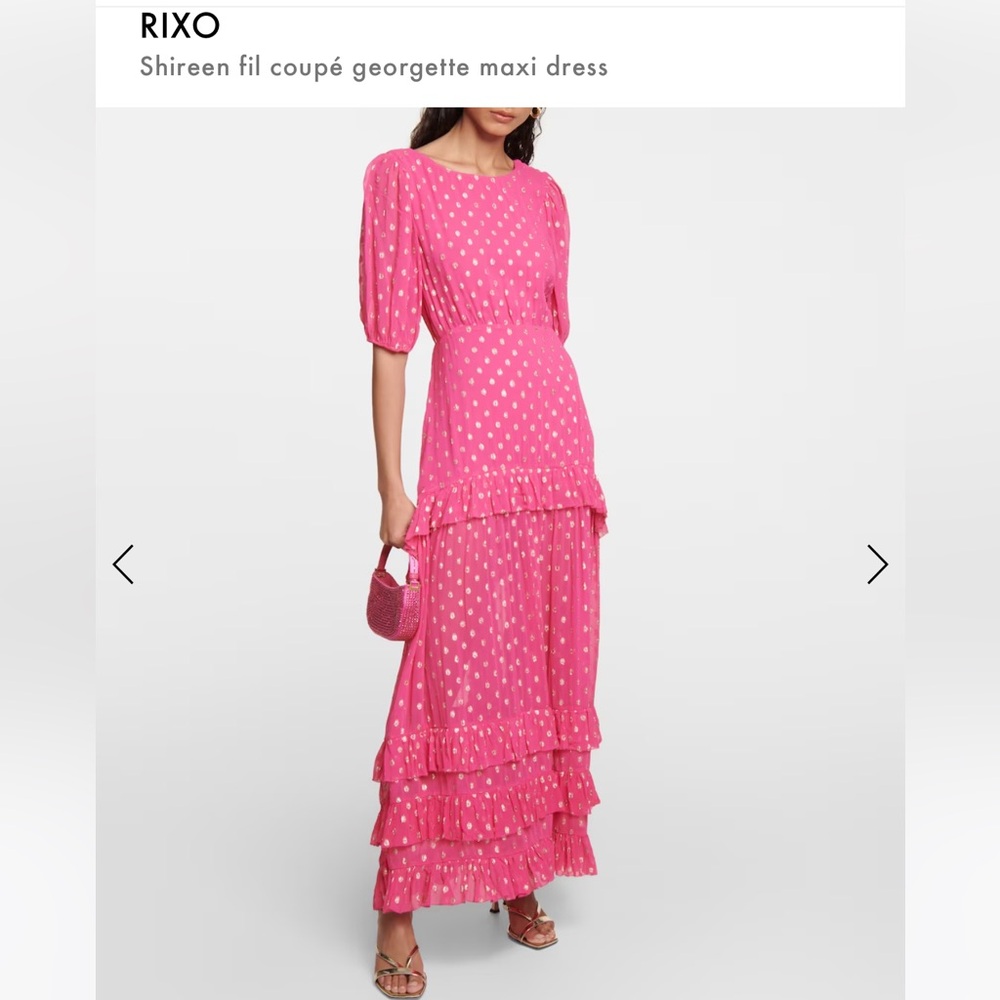 Rixo Shireen Metallic Dot Maxi Dress ruffled polka-dot metallic fil coupé maxi